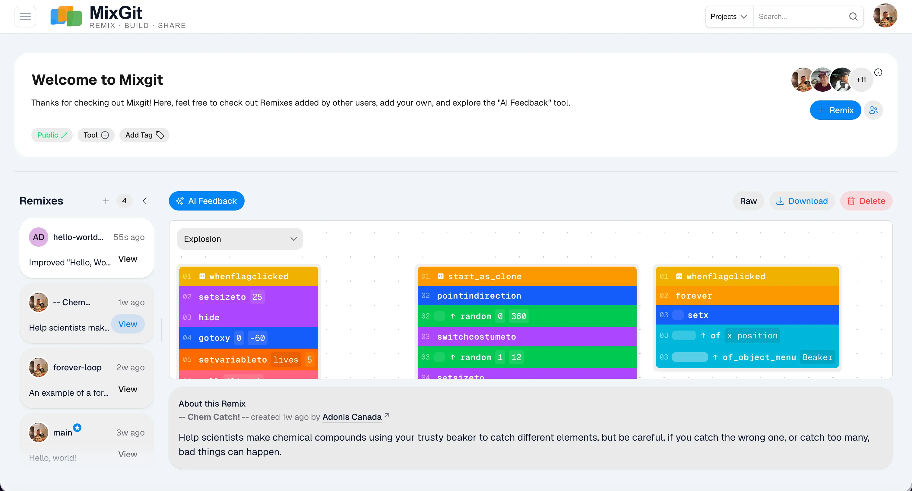 The Mixgit dashboard: a welcome project with remixes from other students, block scripts on display, and the AI Feedback tool in the toolbar.