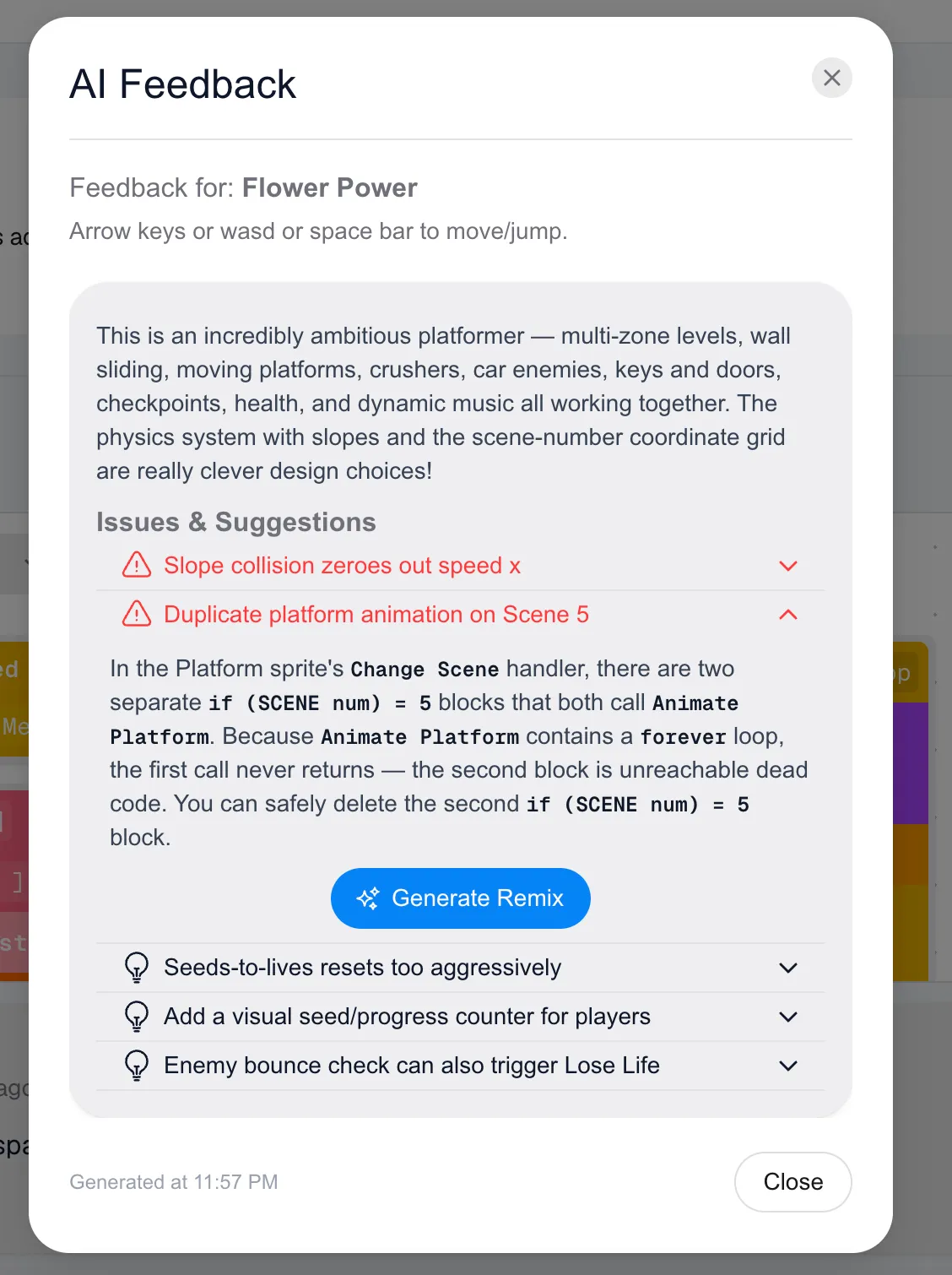 The AI Feedback modal reviewing a student platformer: praise up top, then expandable issues and suggestions sorted by significance.